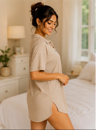 Women’s Beige Button Front Short Sleeve Sleep T-Shirt Nightwear